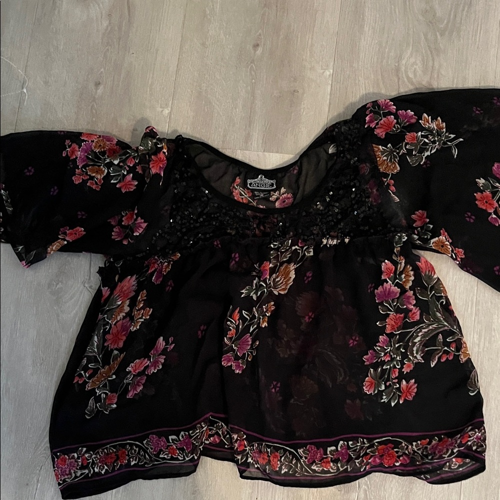 Angie Black Blouse with Pink Floral Design